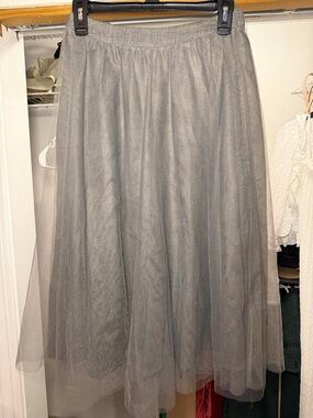 Gray Tulle Midi Skirt - Elastic Waist